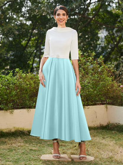 Robe de Soirée Longue à Col Montant et Manches Mi-Longues Coupe A-Line/Princesse avec Strass