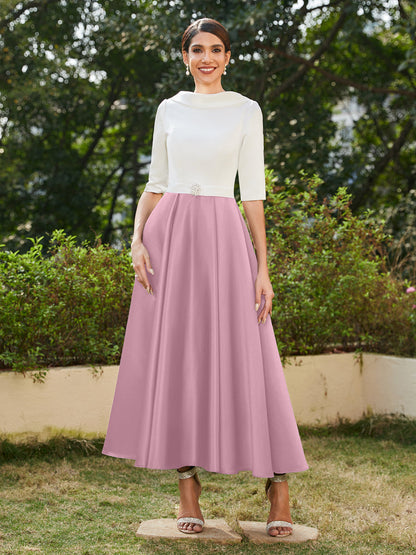 Robe de Soirée Longue à Col Montant et Manches Mi-Longues Coupe A-Line/Princesse avec Strass