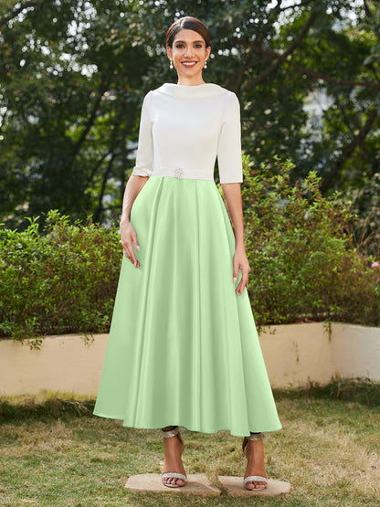 Robe de Soirée Longue à Col Montant et Manches Mi-Longues Coupe A-Line/Princesse avec Strass