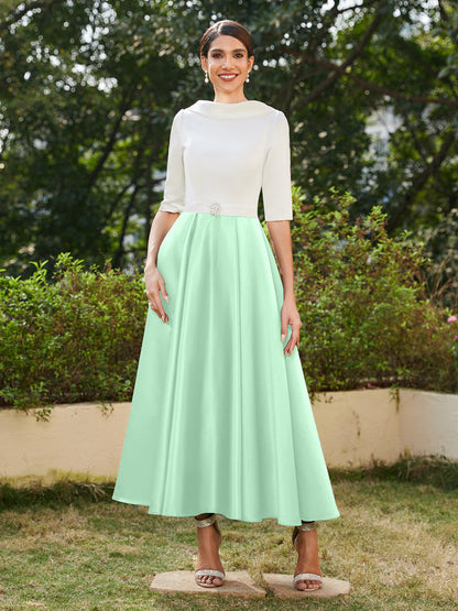 Robe de Soirée Longue à Col Montant et Manches Mi-Longues Coupe A-Line/Princesse avec Strass