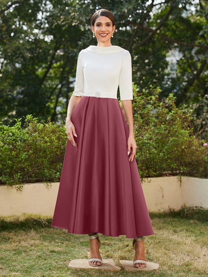 Robe de Soirée Longue à Col Montant et Manches Mi-Longues Coupe A-Line/Princesse avec Strass