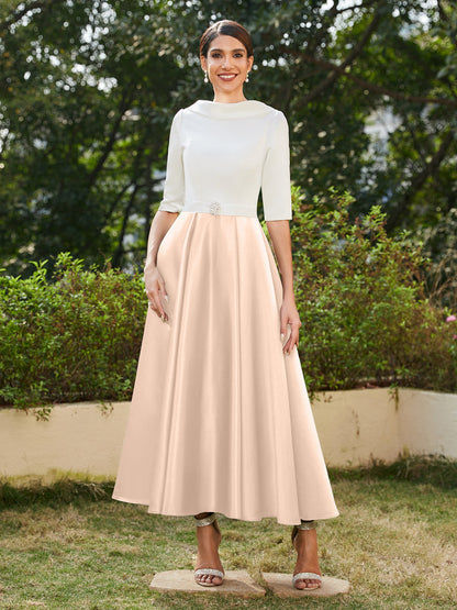Robe de Soirée Longue à Col Montant et Manches Mi-Longues Coupe A-Line/Princesse avec Strass