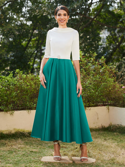 Robe de Soirée Longue à Col Montant et Manches Mi-Longues Coupe A-Line/Princesse avec Strass