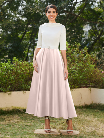 Robe de Soirée Longue à Col Montant et Manches Mi-Longues Coupe A-Line/Princesse avec Strass