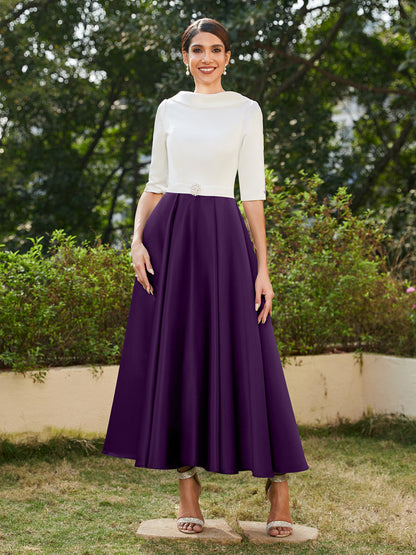 Robe de Soirée Longue à Col Montant et Manches Mi-Longues Coupe A-Line/Princesse avec Strass