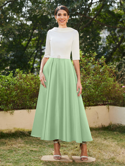 Robe de Soirée Longue à Col Montant et Manches Mi-Longues Coupe A-Line/Princesse avec Strass