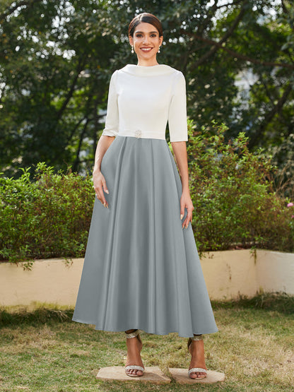 Robe de Soirée Longue à Col Montant et Manches Mi-Longues Coupe A-Line/Princesse avec Strass