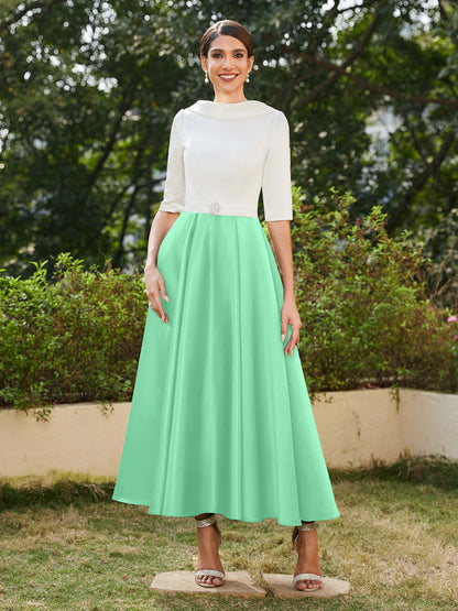 Robe de Soirée Longue à Col Montant et Manches Mi-Longues Coupe A-Line/Princesse avec Strass