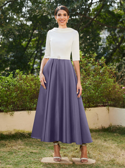 Robe de Soirée Longue à Col Montant et Manches Mi-Longues Coupe A-Line/Princesse avec Strass