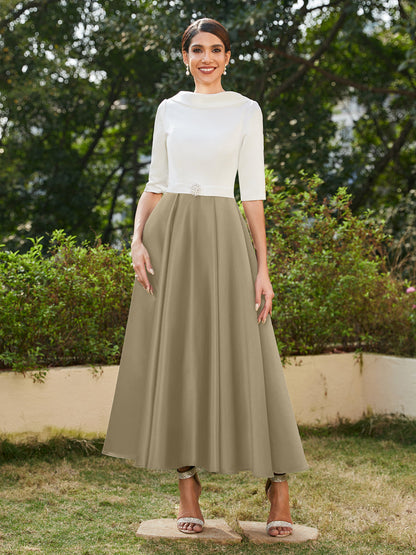 Robe de Soirée Longue à Col Montant et Manches Mi-Longues Coupe A-Line/Princesse avec Strass