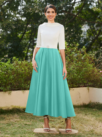 Robe de Soirée Longue à Col Montant et Manches Mi-Longues Coupe A-Line/Princesse avec Strass