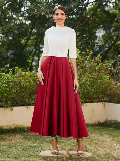 Robe de Soirée Longue à Col Montant et Manches Mi-Longues Coupe A-Line/Princesse avec Strass