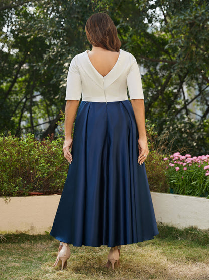 Robe de Soirée Trapèze/Princesse Longue à Col Montant et Manches Mi-Longues, Grande Taille avec Strass
