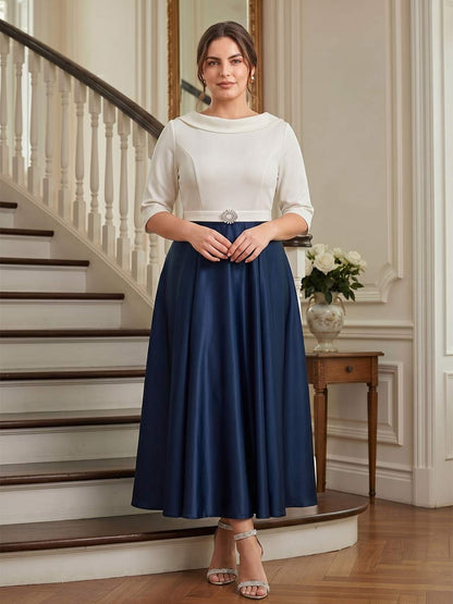 Robe Mère de la Mariée Grande Taille Ligne A/Princesse Col Haut Demi-manches avec Strass