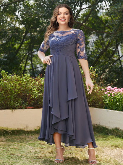 Robe de Soirée Trapèze/Princesse Longue à Col Transparent et Manches Mi-Longues, Grande Taille avec Applications