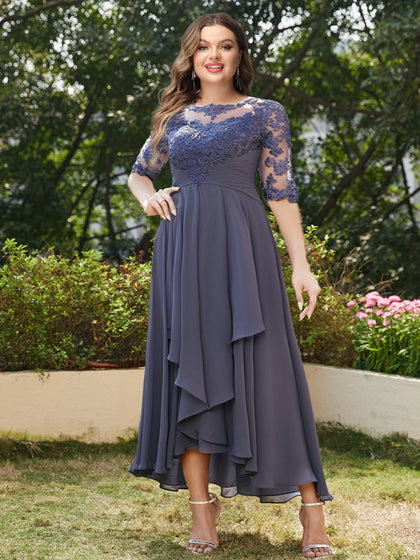 Robe de Soirée Trapèze/Princesse Longue à Col Transparent et Manches Mi-Longues, Grande Taille avec Applications