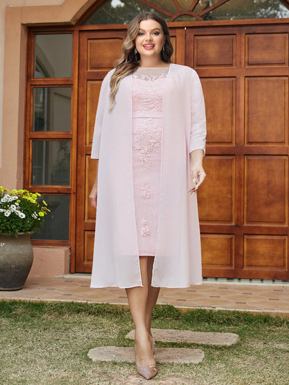 Robe de Soirée Grande Taille, Coupe Fourreau/Colonne, Col Transparent, Manches 3/4, Longueur Genou avec Appliques et Veste