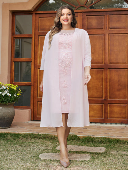 Robe de Soirée Grande Taille, Coupe Fourreau/Colonne, Col Transparent, Manches 3/4, Longueur Genou avec Appliques et Veste