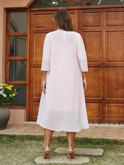 Robe de Soirée Grande Taille, Coupe Fourreau/Colonne, Col Transparent, Manches 3/4, Longueur Genou avec Appliques et Veste