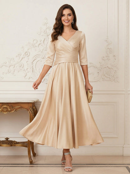 Robe de la mère de la mariée trapèze, col en V, demi-manches, longueur cheville à volants