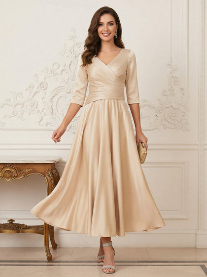 Robe de la mère de la mariée trapèze, col en V, demi-manches, longueur cheville à volants