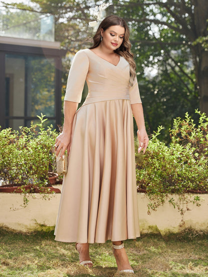 Robe de Soirée Trapèze/Princesse à Col en V, Manches Mi-Longues, Longueur Cheville, Grande Taille avec Volants