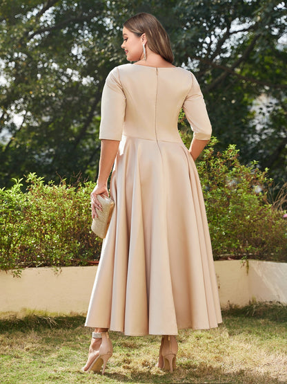 Robe de Soirée Trapèze/Princesse à Col en V, Manches Mi-Longues, Longueur Cheville, Grande Taille avec Volants