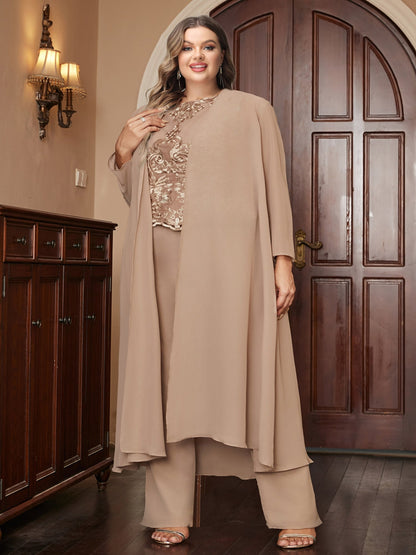 Ensemble 3 Pièces en Mousseline de Soie à Manches Longues et Pantalon Grande Taille avec Appliqués et Veste