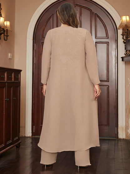 Ensemble 3 Pièces en Mousseline de Soie à Manches Longues et Pantalon Grande Taille avec Appliqués et Veste