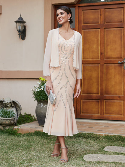 Robe de Soirée Longue Fourreau/Colonne à Col En V et Manches 3/4 avec Paillettes et Veste