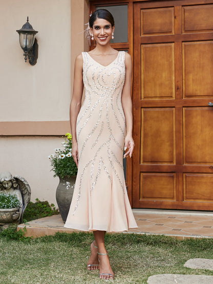 Robe de Soirée Longue Fourreau/Colonne à Col En V et Manches 3/4 avec Paillettes et Veste