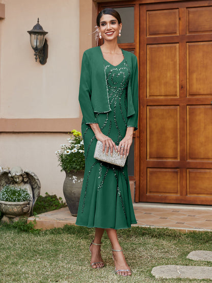 Robe de Soirée Longue Fourreau/Colonne à Col En V et Manches 3/4 avec Paillettes et Veste