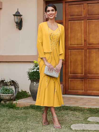 Robe de Soirée Longue Fourreau/Colonne à Col En V et Manches 3/4 avec Paillettes et Veste