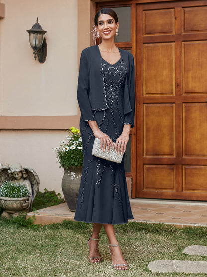 Robe de Soirée Longue Fourreau/Colonne à Col En V et Manches 3/4 avec Paillettes et Veste