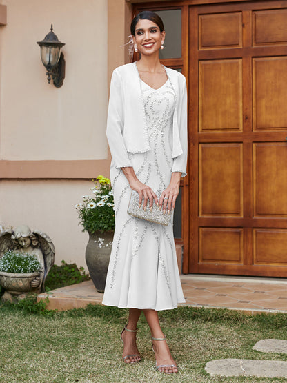 Robe de Soirée Longue Fourreau/Colonne à Col En V et Manches 3/4 avec Paillettes et Veste