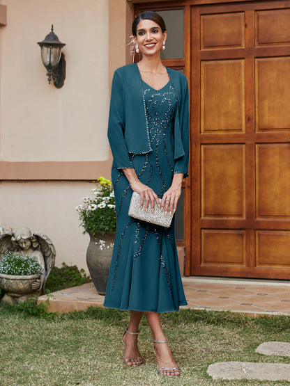 Robe de Soirée Longue Fourreau/Colonne à Col En V et Manches 3/4 avec Paillettes et Veste