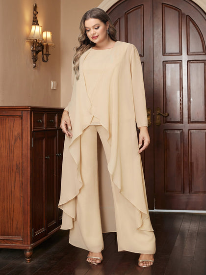 Tailleur-Pantalon Trois Pièces En Chiffon Col Rond À Manches Longues Avec Veste, Grande Taille