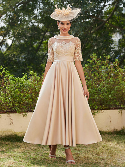 Robe de Soirée Longue à Manches Mi-Longues et Décolleté En V/Princesse avec Appliques