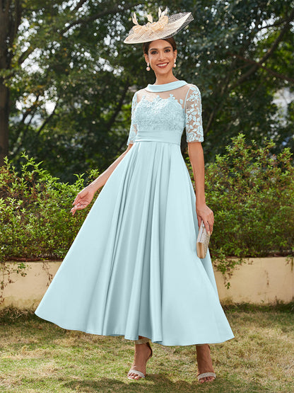 Robe de Soirée Longue à Manches Mi-Longues et Décolleté En V/Princesse avec Appliques