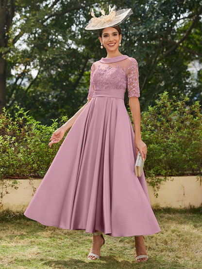 Robe de Soirée Longue à Manches Mi-Longues et Décolleté En V/Princesse avec Appliques