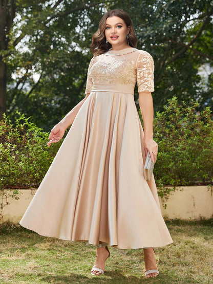 Robe de Soirée Trapèze/Princesse, Manches Mi-Longues, Longueur Cheville, Grande Taille avec Appliques