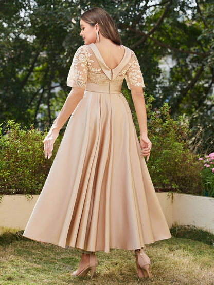 Robe de Soirée Trapèze/Princesse, Manches Mi-Longues, Longueur Cheville, Grande Taille avec Appliques