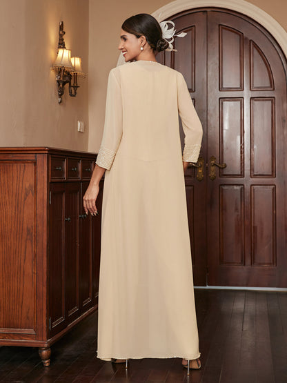 Ensemble 3 Pièces En Mousseline de Soie à Manches 3/4 avec Paillettes et Veste