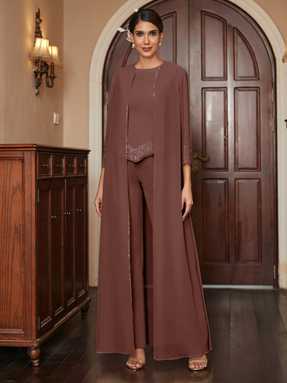 Ensemble 3 Pièces En Mousseline de Soie à Manches 3/4 avec Paillettes et Veste