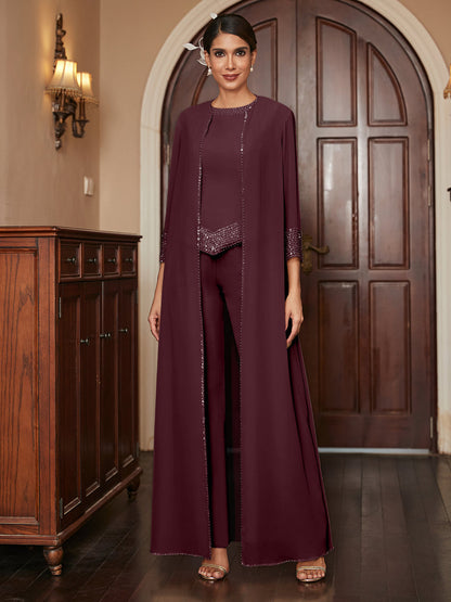 Ensemble 3 Pièces En Mousseline de Soie à Manches 3/4 avec Paillettes et Veste