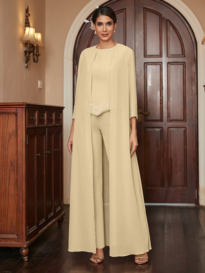 Ensemble 3 Pièces En Mousseline de Soie à Manches 3/4 avec Paillettes et Veste