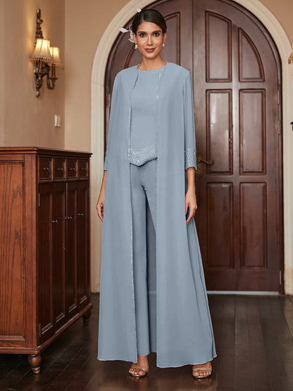Ensemble 3 Pièces En Mousseline de Soie à Manches 3/4 avec Paillettes et Veste