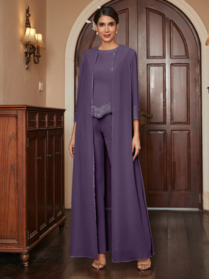 Ensemble 3 Pièces En Mousseline de Soie à Manches 3/4 avec Paillettes et Veste