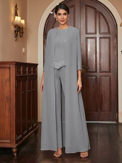 Ensemble 3 Pièces En Mousseline de Soie à Manches 3/4 avec Paillettes et Veste