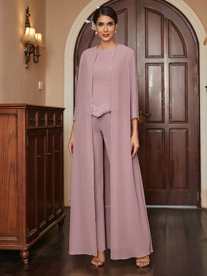 Ensemble 3 Pièces En Mousseline de Soie à Manches 3/4 avec Paillettes et Veste